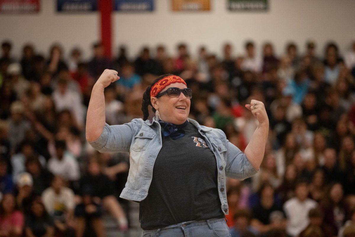 Mrs. T-O competes in a lip-sync battle at Libertys 2023 homecoming assembly. 
