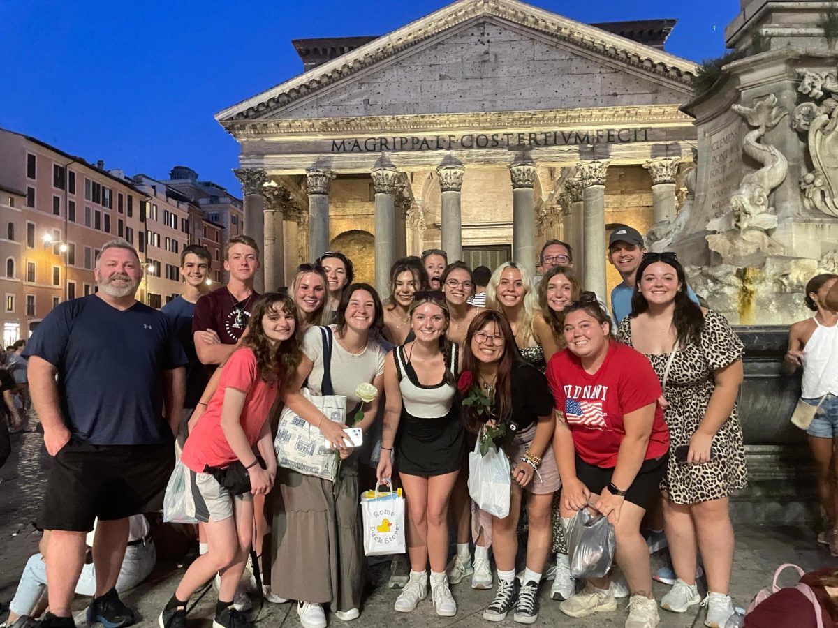 Students and parents from Liberty, Francis Howell and Incarnate Word take a group photo in front of the Pantheon in Rome. Mr. Hall and Mr. Barker sponsored the trip.  