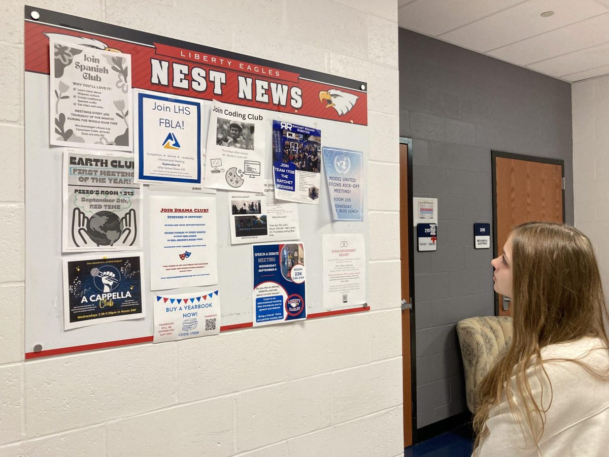 Clubs post a lot of information on the Nest News boards around the school. However, sometimes those boards can be overcrowded leaving students confused about different club meeting times, dates, and locations. Sophomore Anna Greminger looks into the Liberty Eagles Nest News Board to figure out what clubs she might be interested in. 