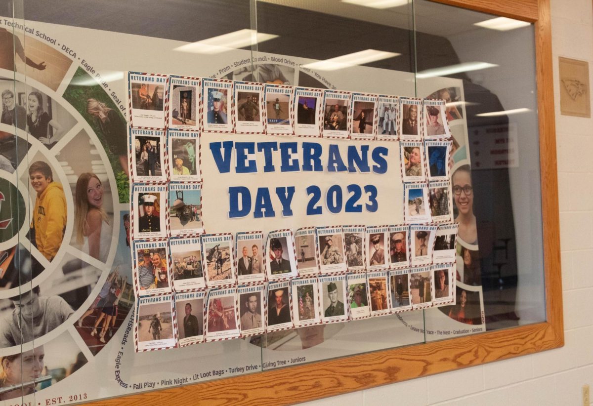 The+National+Honors+Society+created+a+photo+wall+of+people+who+served+in+the+military.+Students+uploaded+photos+and+then+NHS+printed+and+displayed+them.+National+Honor+Society+would+like+to+recognize+the+tremendous+sacrifices+that+our+Veterans+have+made+in+service+to+our+nation%2C+NHS+sponsor+Mrs.+Gerringer+said.+++