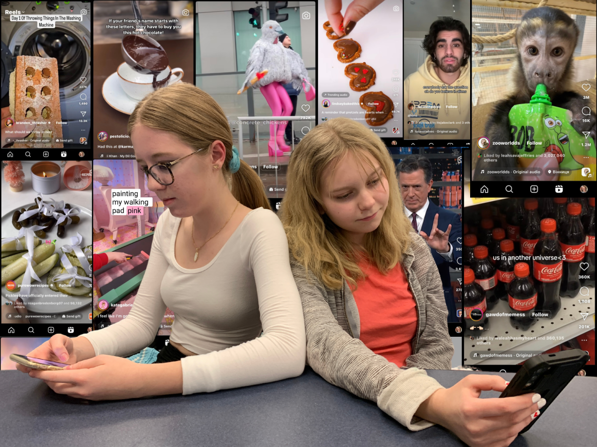 Sophomores Kayla Kroehnke and Noelle Wise scroll through their phones, with screenshots of Instagram reels behind them, showing the constant stimulation we receive online.