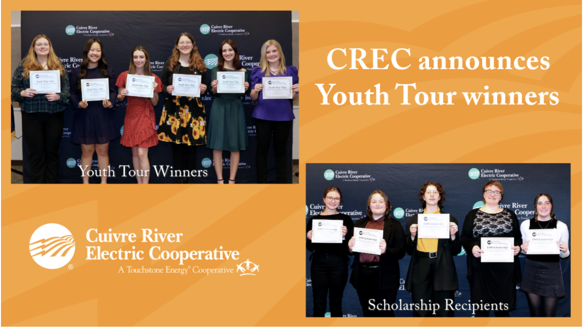Pictures of the CREC Youth Tour banquet with Delaney Hilgenbrink and Sophia Nowack on the top left (winners of the Washington D.C. Trip). And Sash Meyers, Audrey Keller, and Kenzie Firebaugh on the bottom right (winners of the $500 college scholarships).
