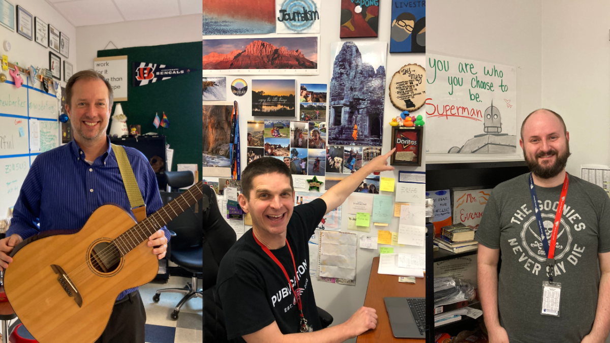 Teachers posing with their favorite parts of their room. Mr. Barker holds his guitar which he likes to play for students in class from time to time, and was gifted to him by students. Mr. Hall points to the encased Doritos bag by his desk which was given to him by the very first yearbook editor. Mr. Eversole stands next to an Iron Giant poster made by a previous student.   