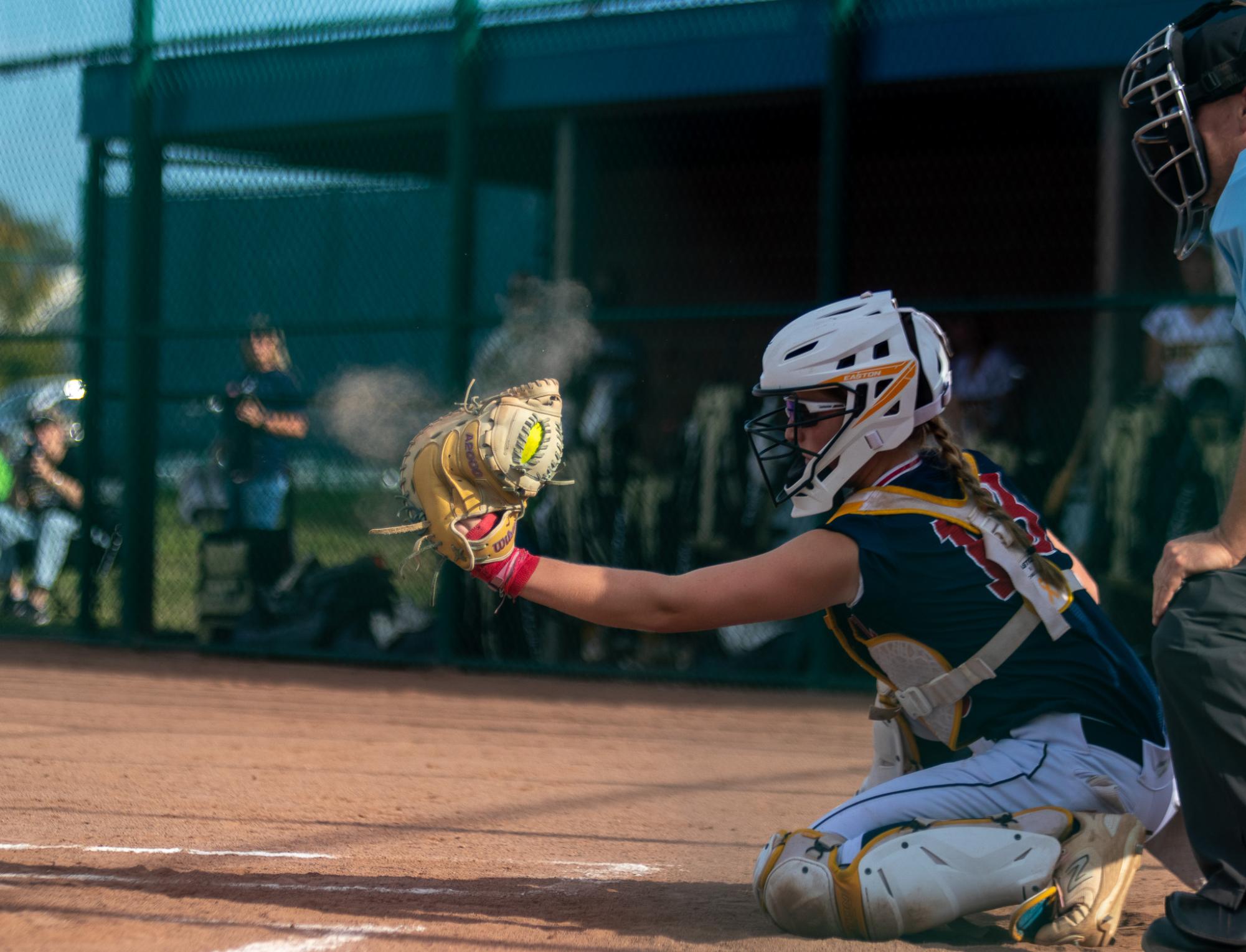 Baylie Roetemeyer (12) catches the pitch for strike 3. 