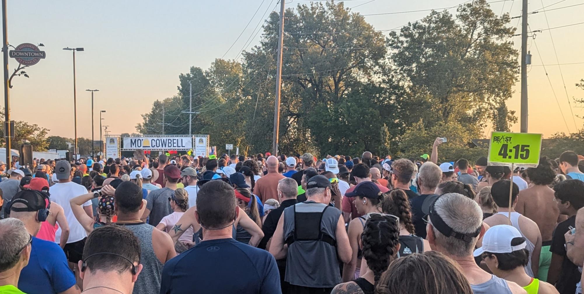 The starting line of the Missouri half marathon minutes before the starting gun. 