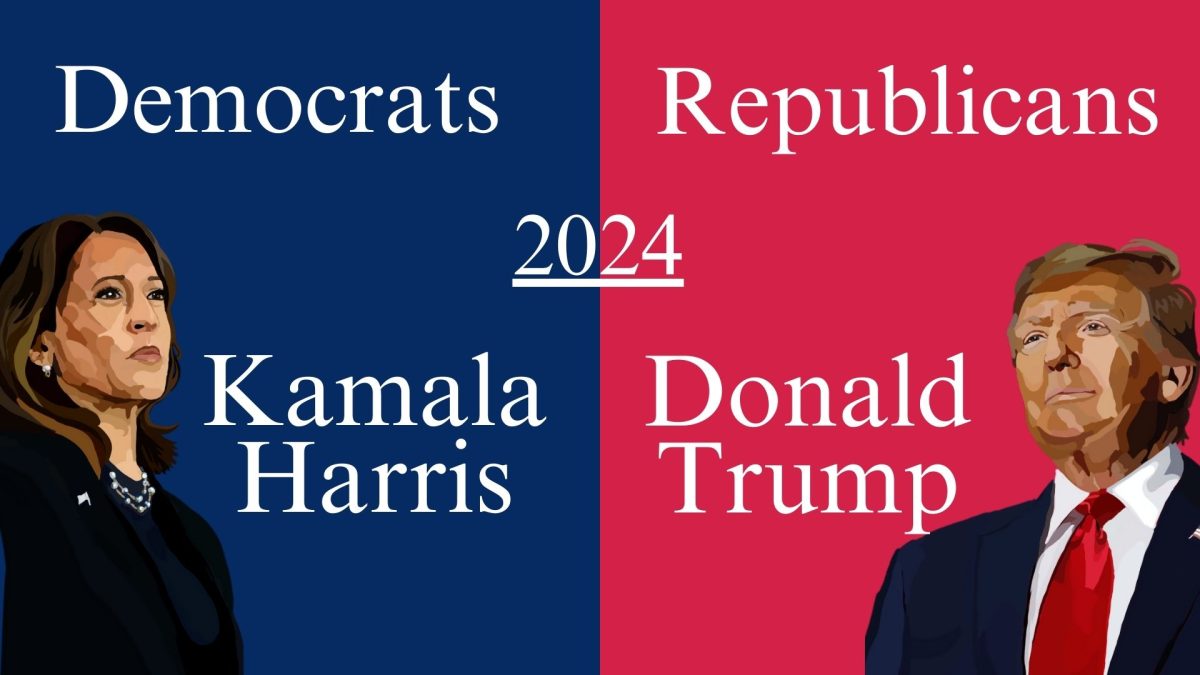 Harris and Trump facing each other in the election. 