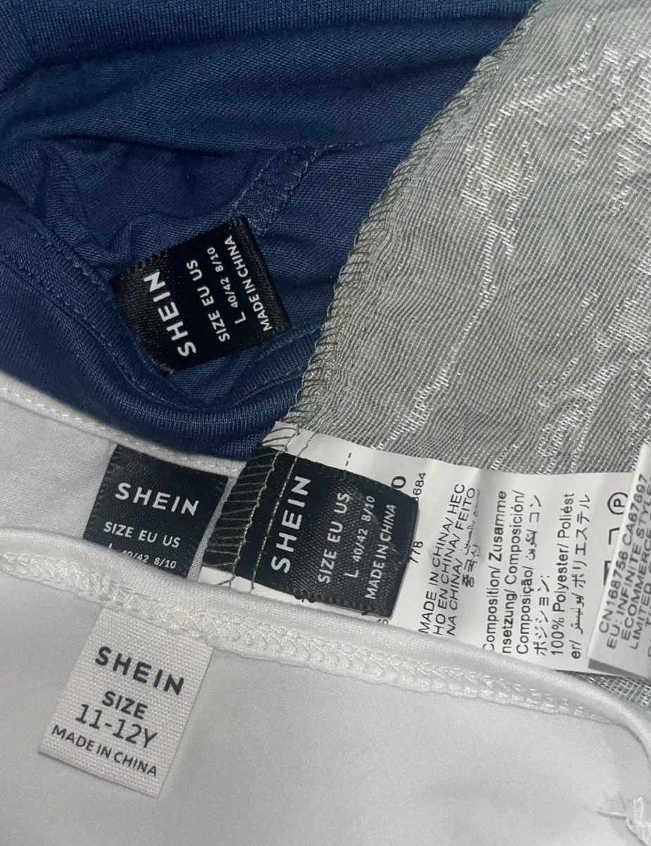 Shein tags from various purchased clothing items. Fast Fashion brands like Shein and Temu, produce massive amounts of clothing at a rapid pace.