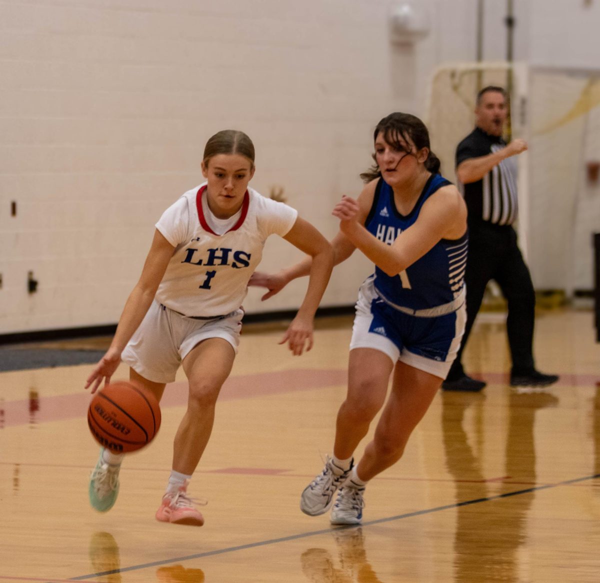 Reece Hoffman (10) dribbles the ball up the court against a defender from Hillsboro. 