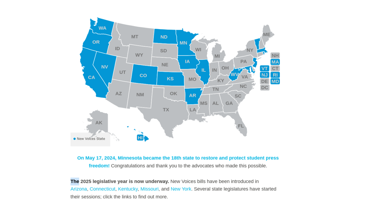 Map of states that have/ haven't passed the New Voices Act.