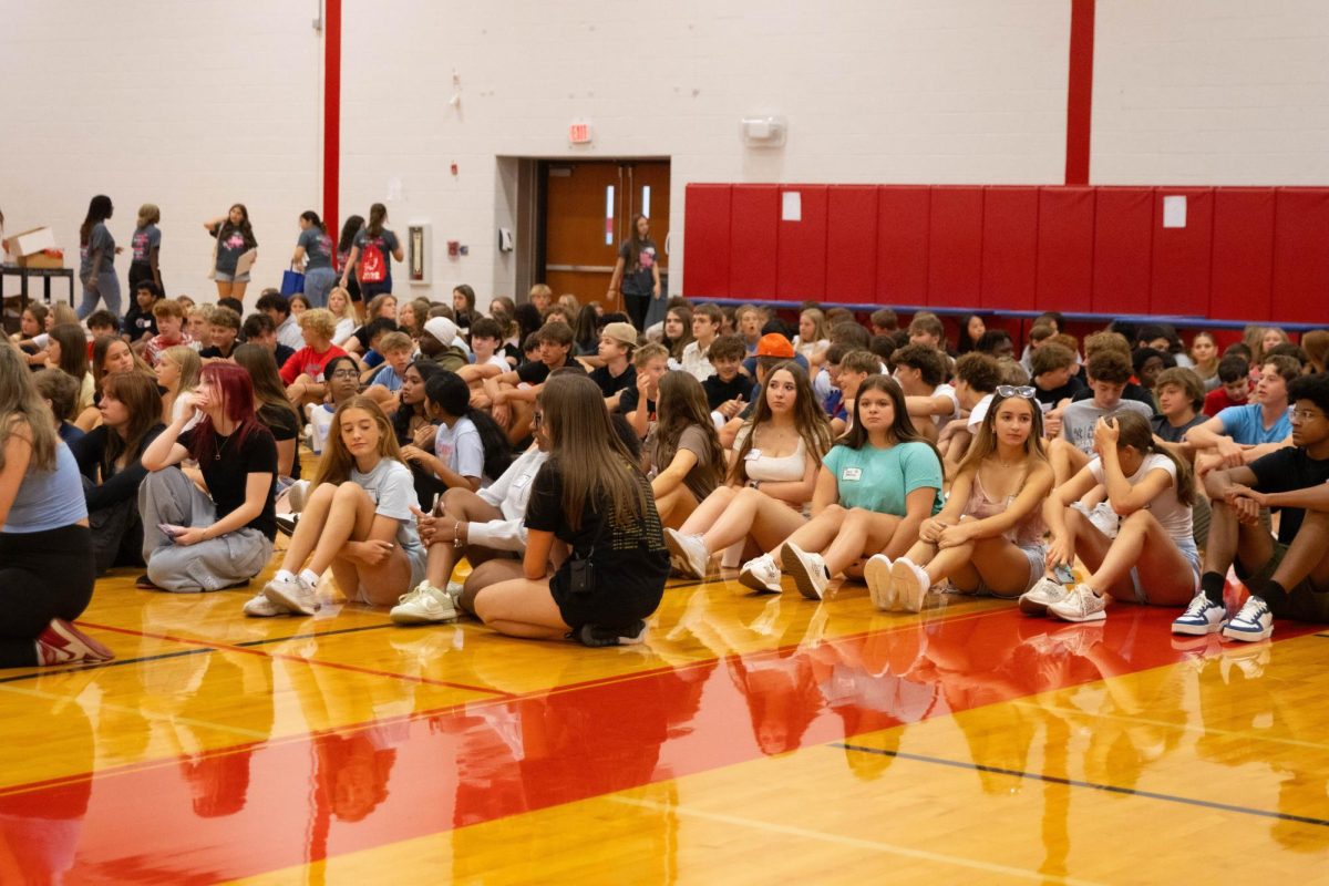 Students sit in lines in order of birthday as they wait to get into groups.