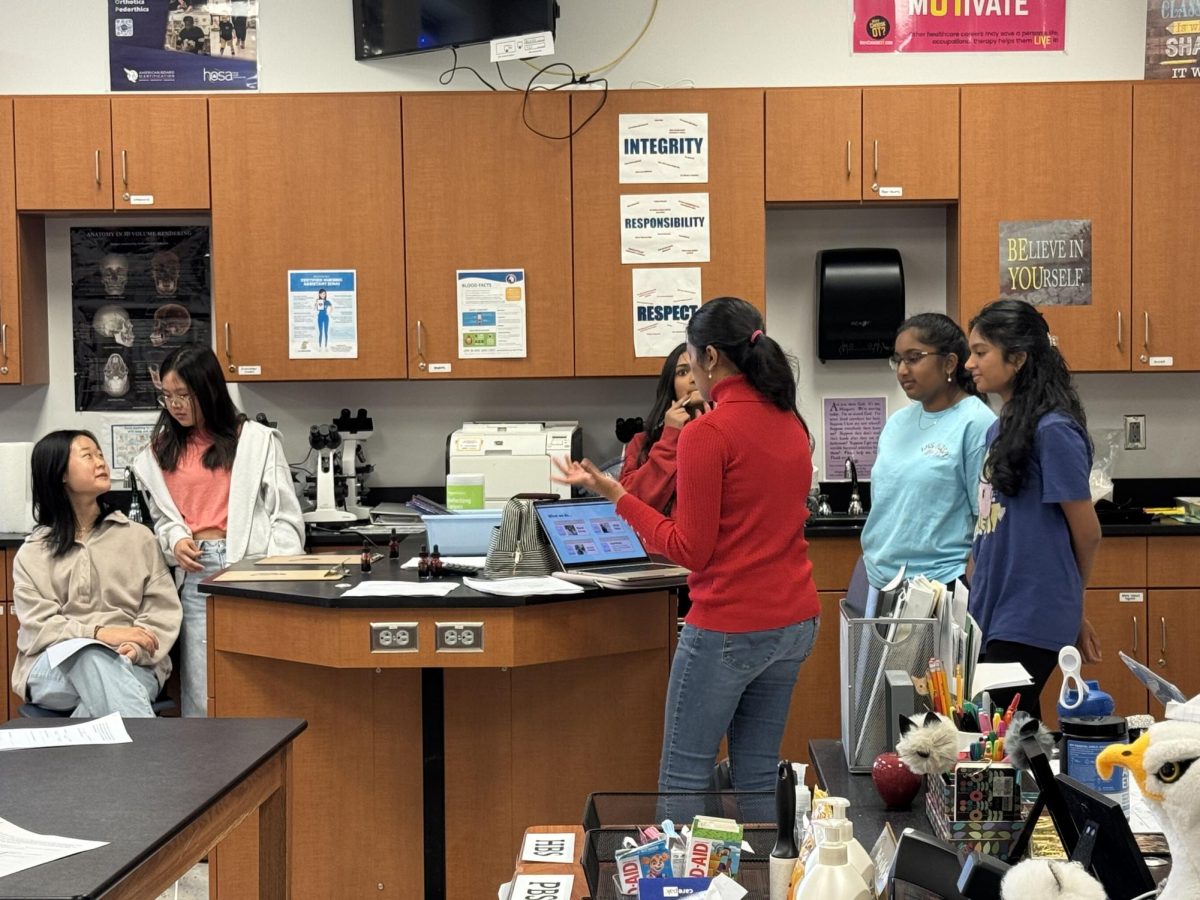 President Loukya Vaka (12) presents HOSA's goals and cabinet to members.