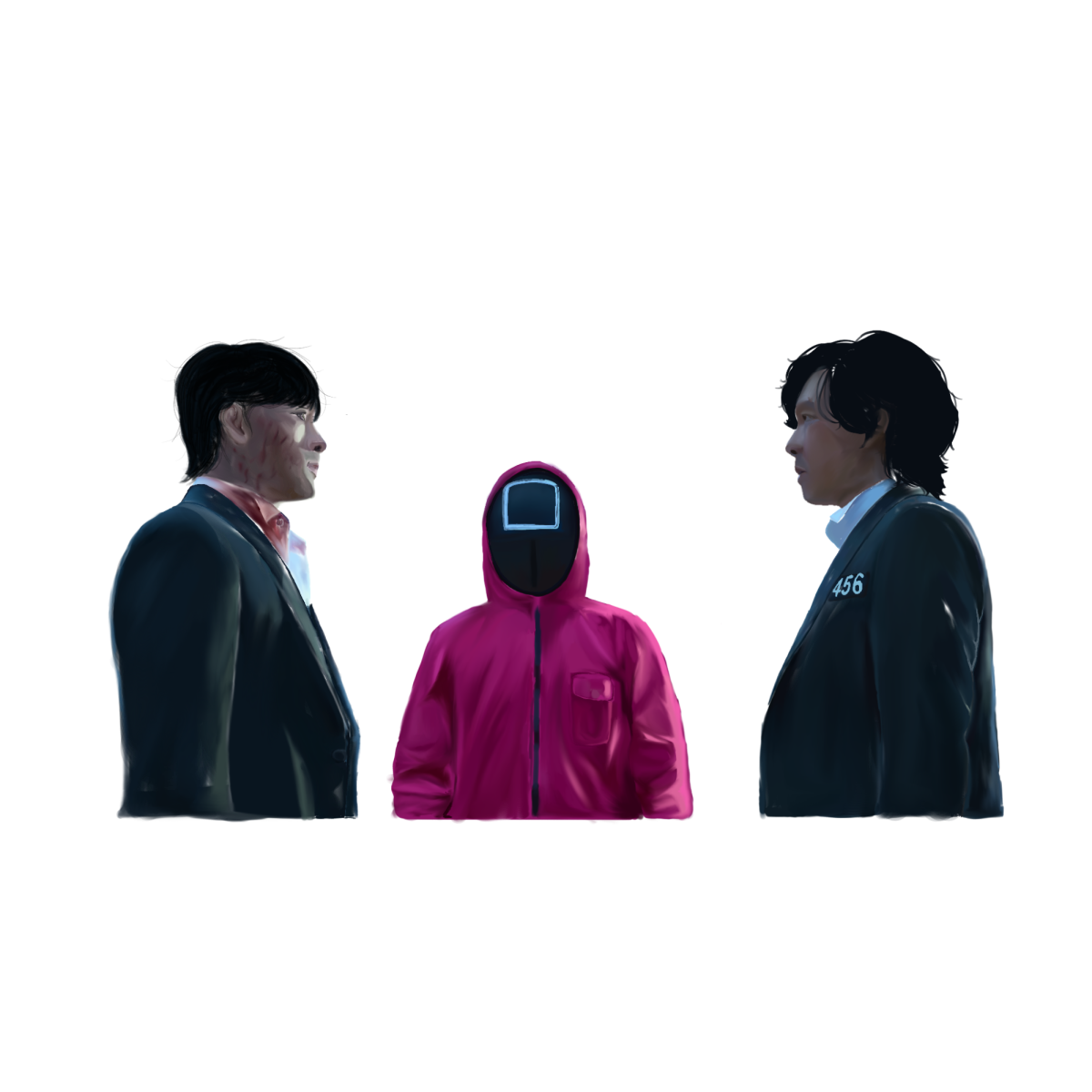 This illustration depicts a scene from the season one finale, where the final challengers play the squid game. In the squid game, competitors are forced to fight each other with knives, till only one is left standing. This scene portrays how far a person can, and will go, to win.