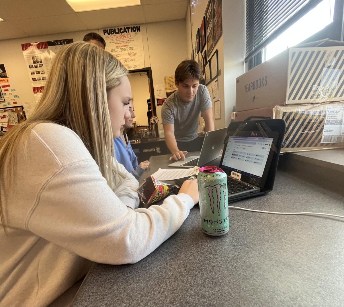 Mr. Hall and Will Nolan helping Bhreagh Mattie with her story.