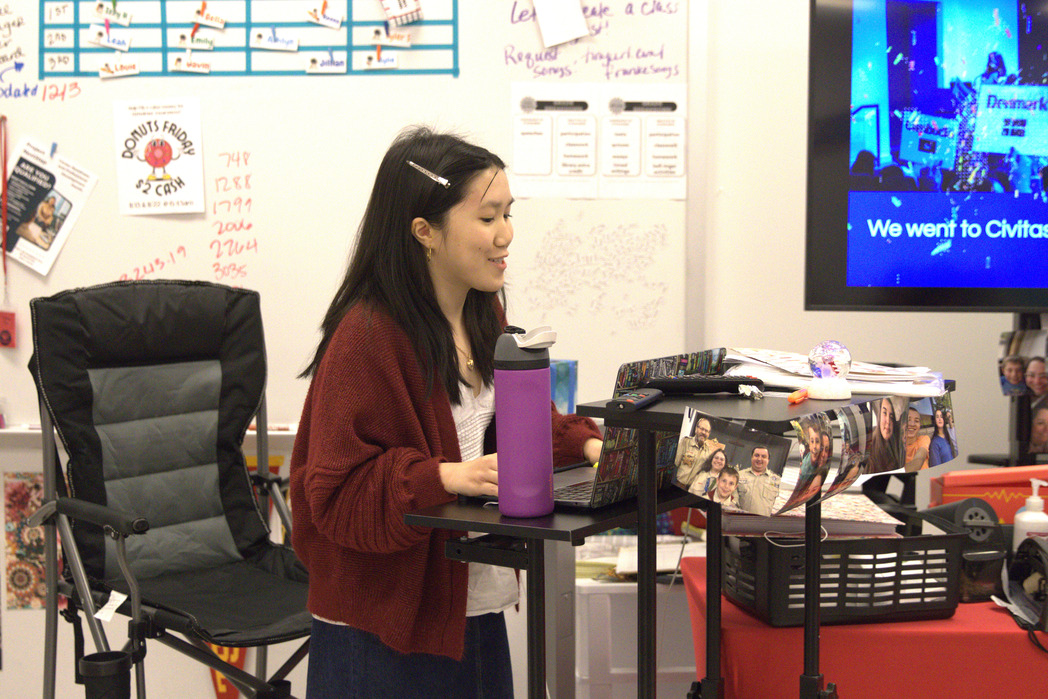 Emily Nguyen (12) leads the Model UN club at one of their monthly meetings. 
