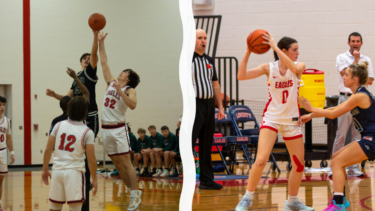 Landon Johnson (12) goes up for the tip-off at the beginning of the game. Addi Schultz (10) handles the ball, keeping it away from the Timberland defender.