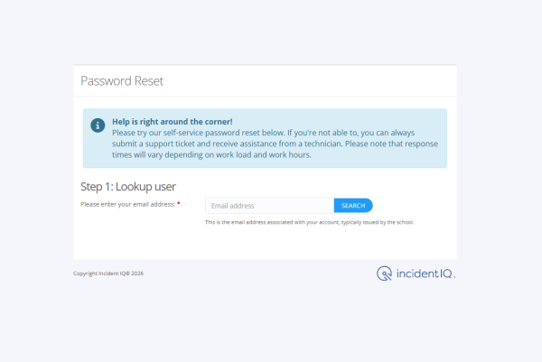 The password reset screen that students will see if they forgot or did not change their new password. However, in the technology room there is a computer that will let students change or rest their passwords.