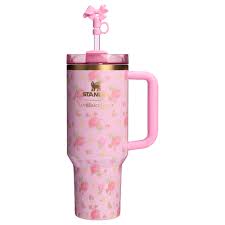 A pink water bottle from the limited edition Stanley x Love Shack Fancy collab