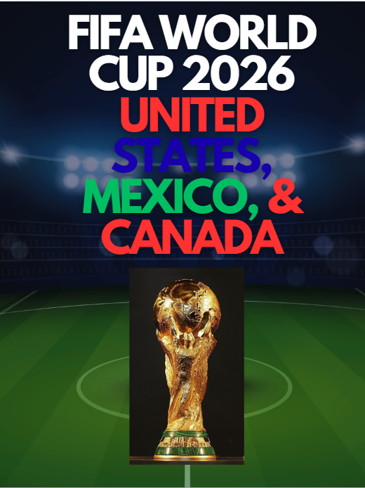 Photo with the colors of the three host countries and the World Cup that will take place this summer. Trophy front and center.