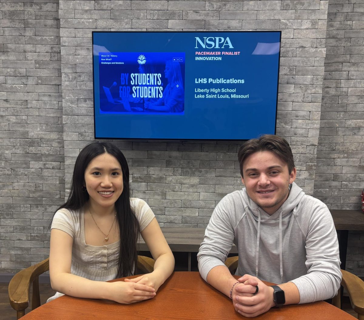 Town Hall executive producers Emily Nguyen (12) and Will Nolan (12) get honored with the innovation pacemaker finalist award for their website about the annual Town Hall event. 