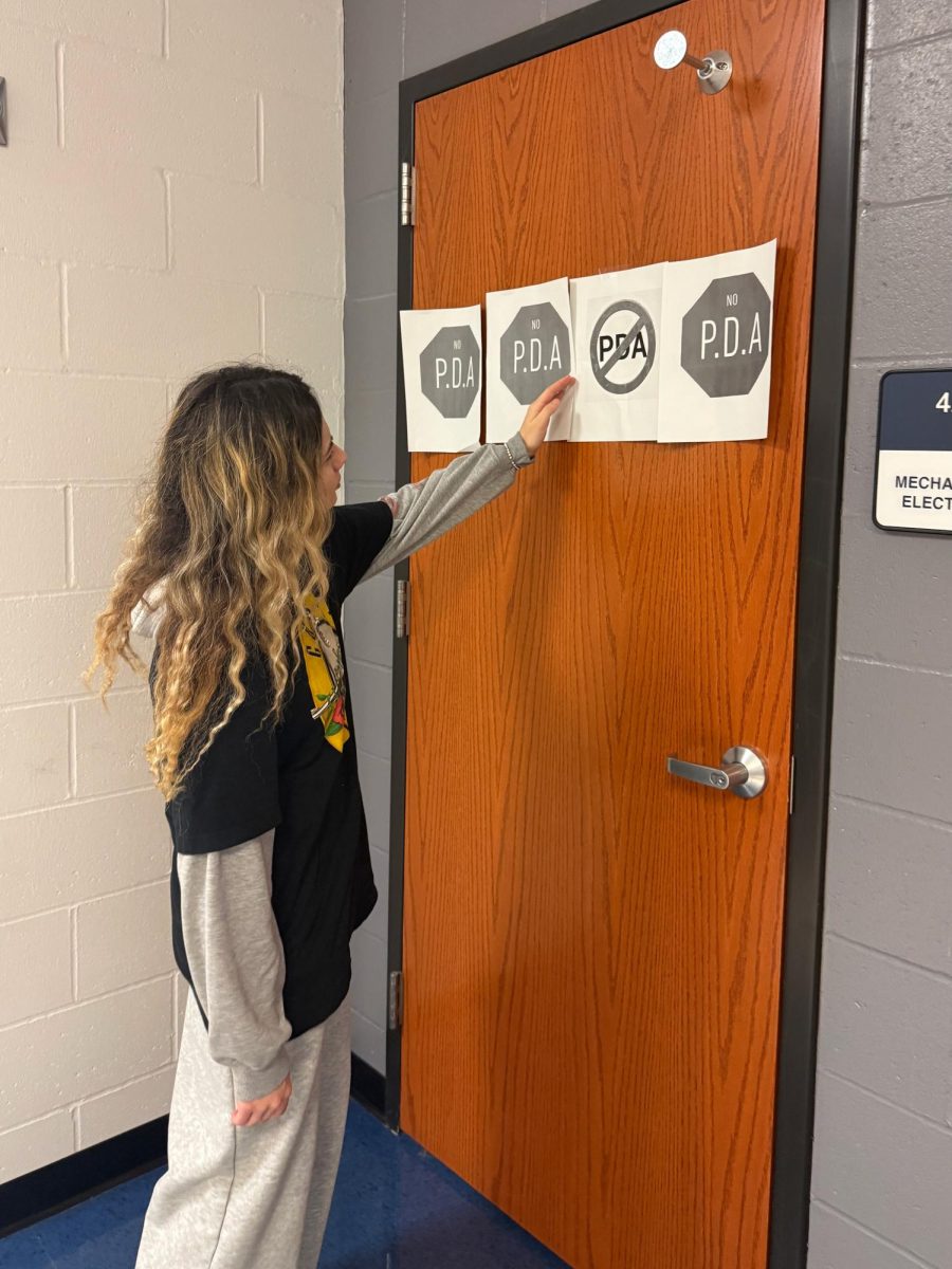Kylie Goodnick (9) looks at the new anti-PDA signs around school.