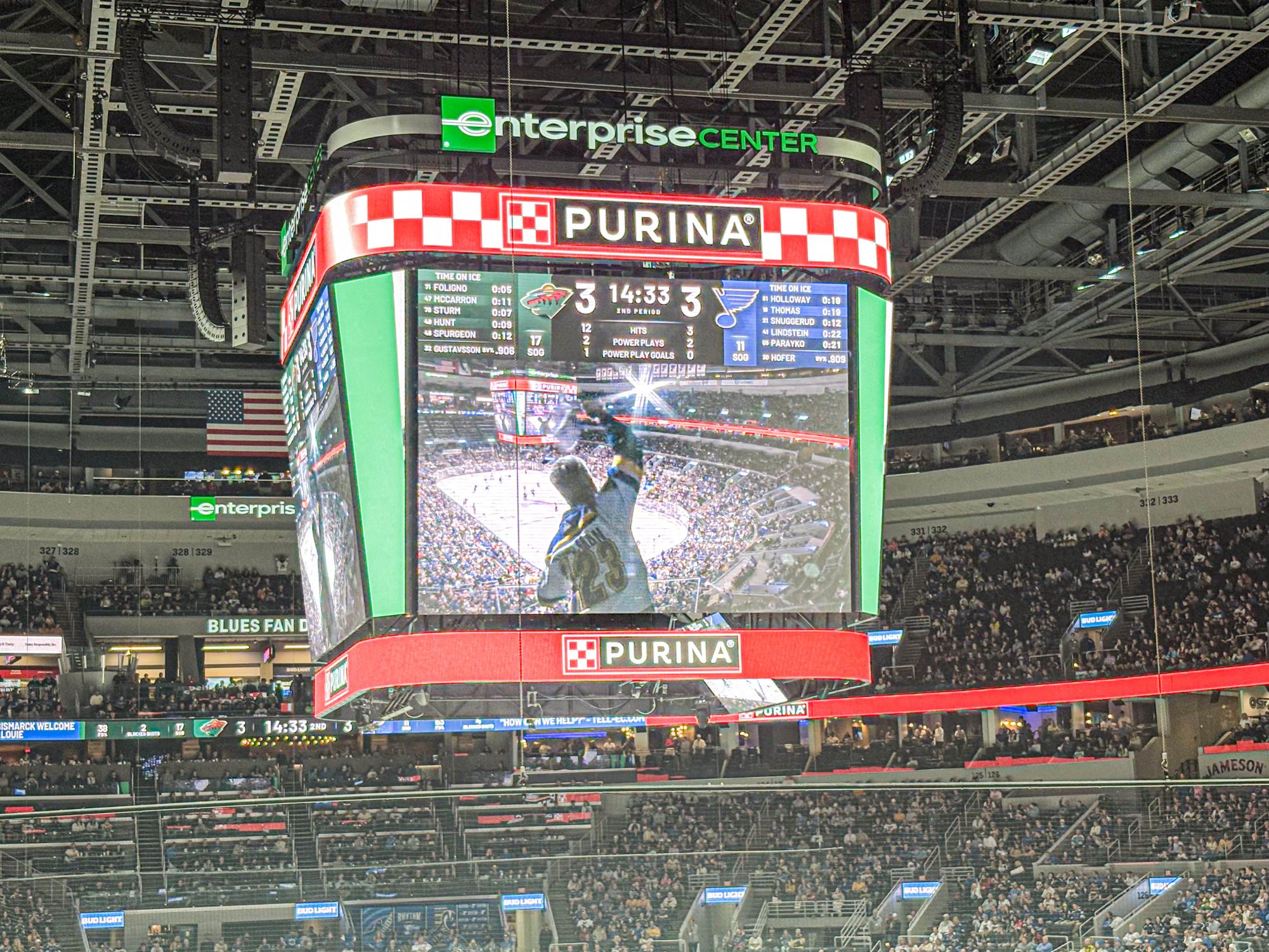 After the Blues' third goal in a 6-3 win over the Minnesota Wild, the "TowelMan" waves the third towel to get the crowd loud and excited, and count out the goals. This has become a tradition after every goal for the past 36 years, started by the "Towel Man" and is something all fans look forward to during games.
