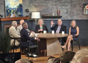 A view of the journalists' roundtable at Donnybash. This is their regular weekly studio setup. However, at "Donnybash," they did the show in front of a live audience at the Sheldon Concert Hall.