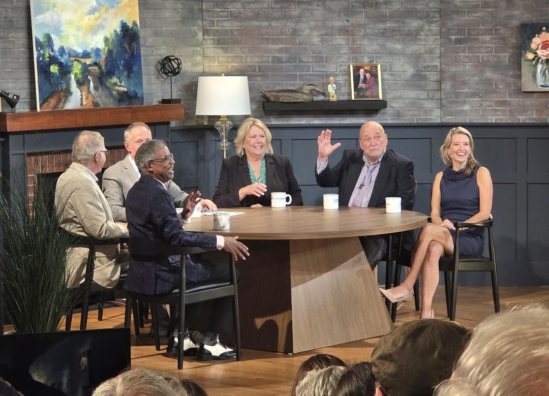 A view of the journalists' roundtable at Donnybash. This is their regular weekly studio setup. However, at "Donnybash," they did the show in front of a live audience at the Sheldon Concert Hall.