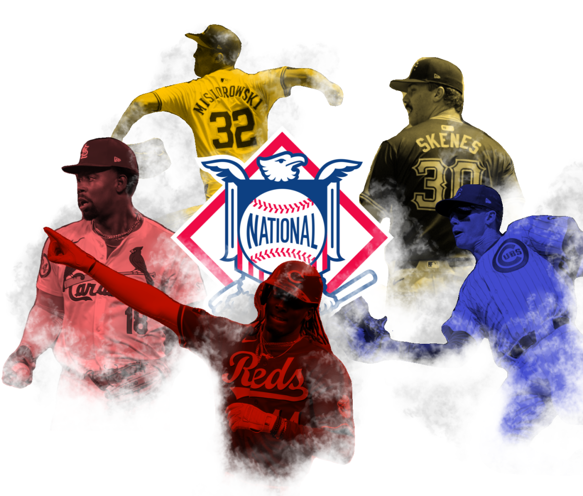 The National League Central's five hottest players right now: Jordan Walker (bottom left), Jacob Misiorowski (top left), Paul Skenes (top right), Pete Crow-Armstrong (bottom right), and Elly De La Cruz (center).