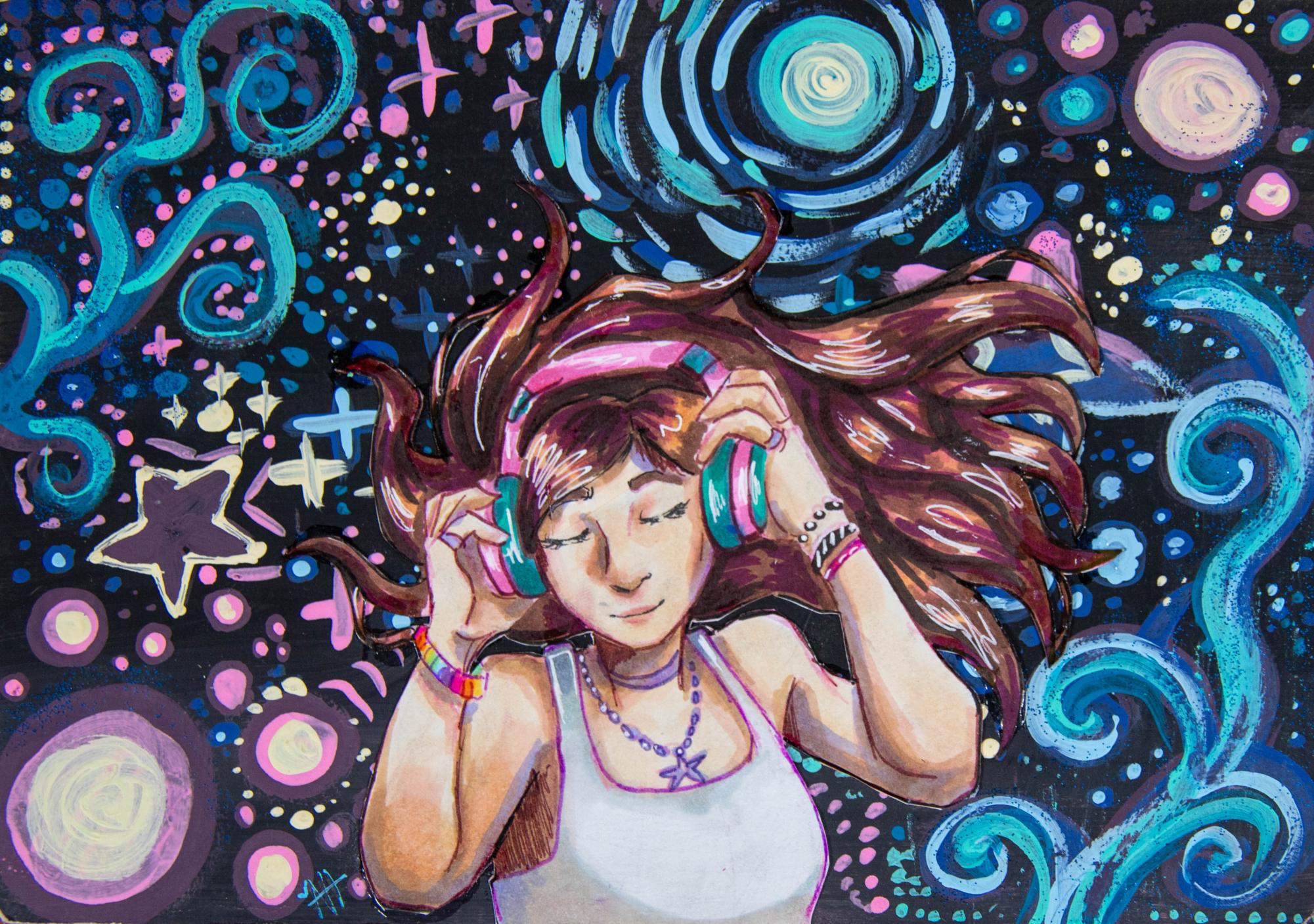 Inspiration for the girl depicted originated from Pintrest, and after months of not knowing what to do with it, Hillyard turned the background into the vibes of listening to music. 