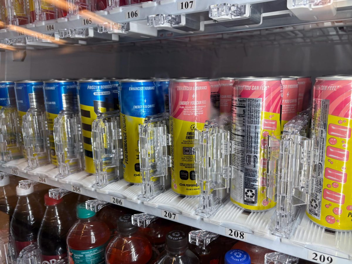 The Liberty vending machines stock a brand of energy drink know as C4. These cans contain 200 mg of caffeine.