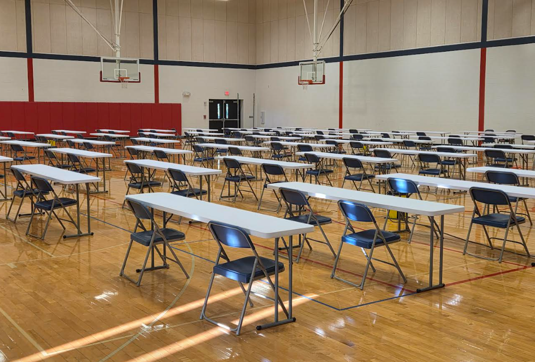 AP exam week(s) set up in the Auxiliary gym.