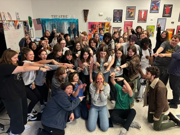 At her goodbye party during SOAR time, drama club students pose for a photo with Ms. Tilley as her time at Liberty comes to a bittersweet close.